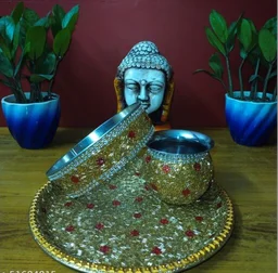 NEELMAYA Stainless Steel Decorative karwa chauth thali set pack of 1 - Free Size, Golden, Stainless Steel, Karwachuth, Set of 3